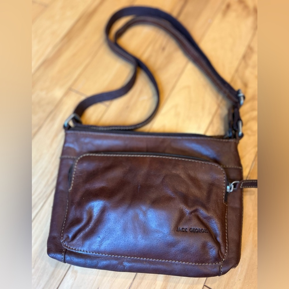 Jack Georges Voyager Brown Leather Front Zip Pocket Crossbody Bag Purse